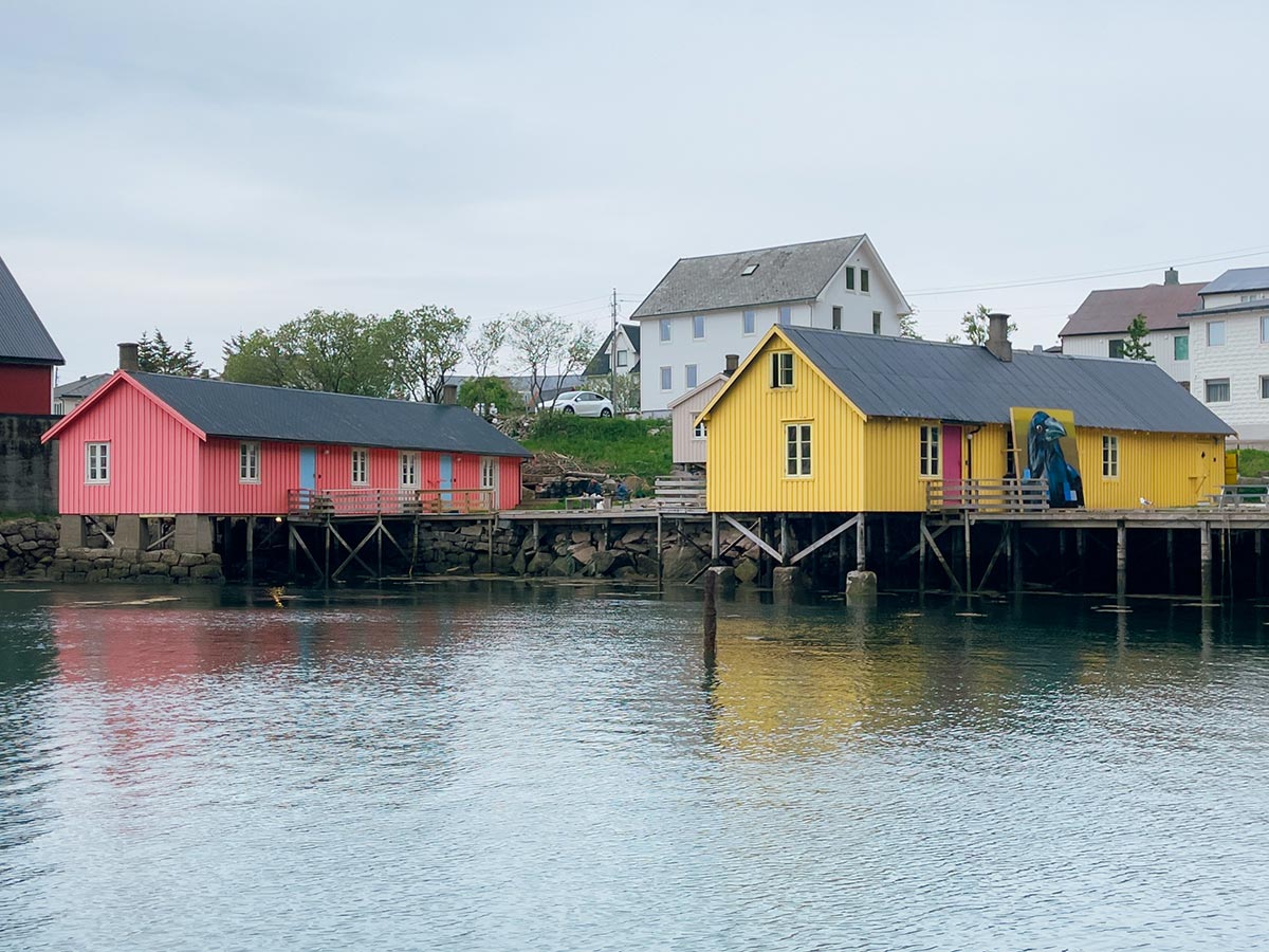 Colorful waterfront cabins in Ballstad, Lofoten, in spring