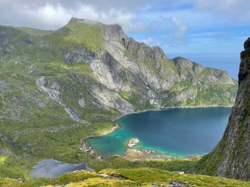 Panoramic view onto the sea from stunning hiking trails in Ballstad, Lofoten.